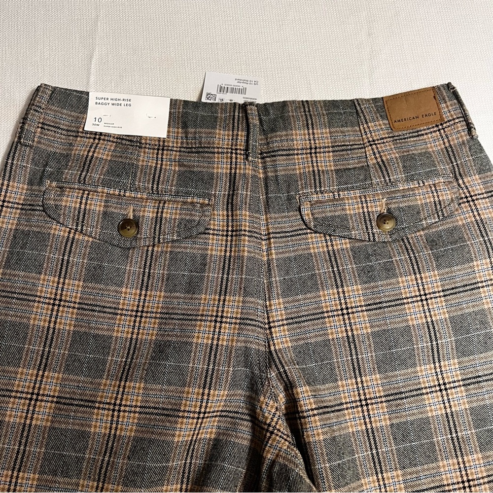 American Eagle Super High-Rise Wide-Leg Plaid Brown /Grey Trouser Pants NWT 10 - Picture 9 of 16
